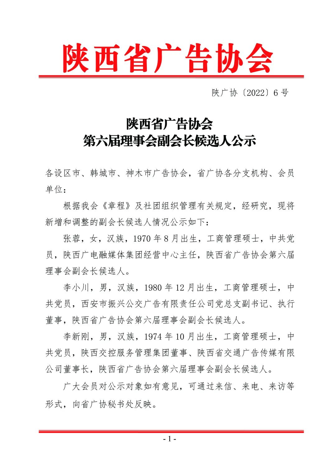 陕西省广告协会第六届理事会副会长候选人公示